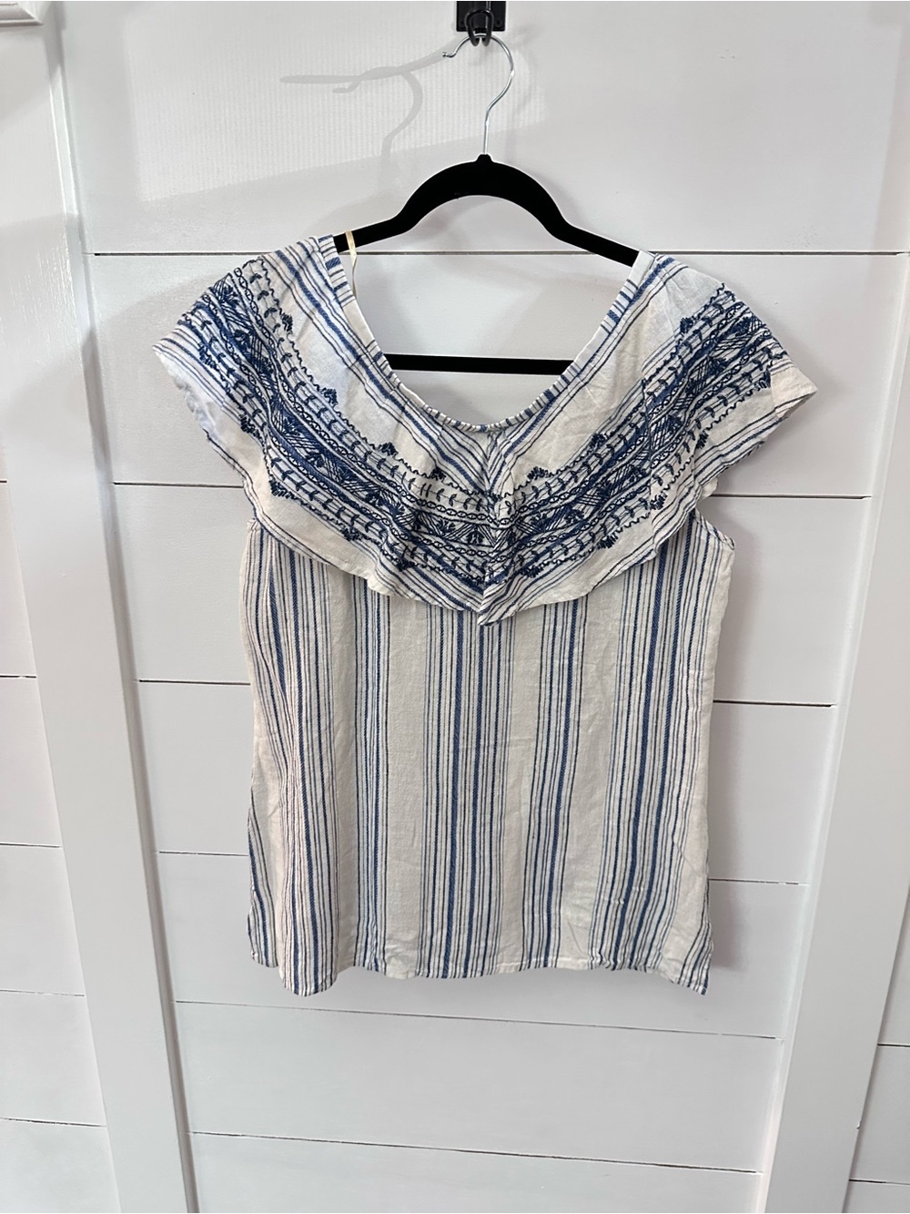 NEW Democracy S blue stripe linen blend off the shoulder top coastal vacation - Picture 3 of 14